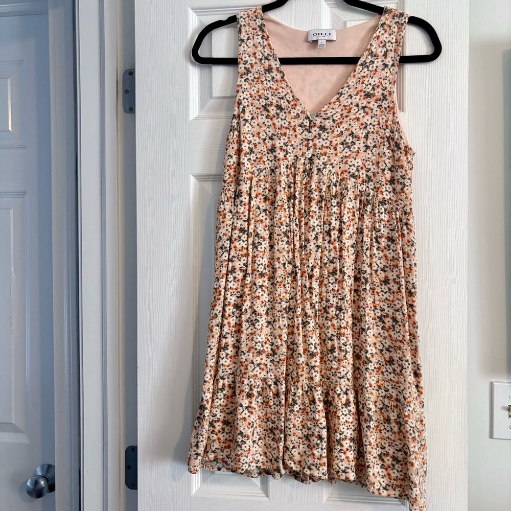 Peach Floral Button Front Sleeveless Babydoll Dress